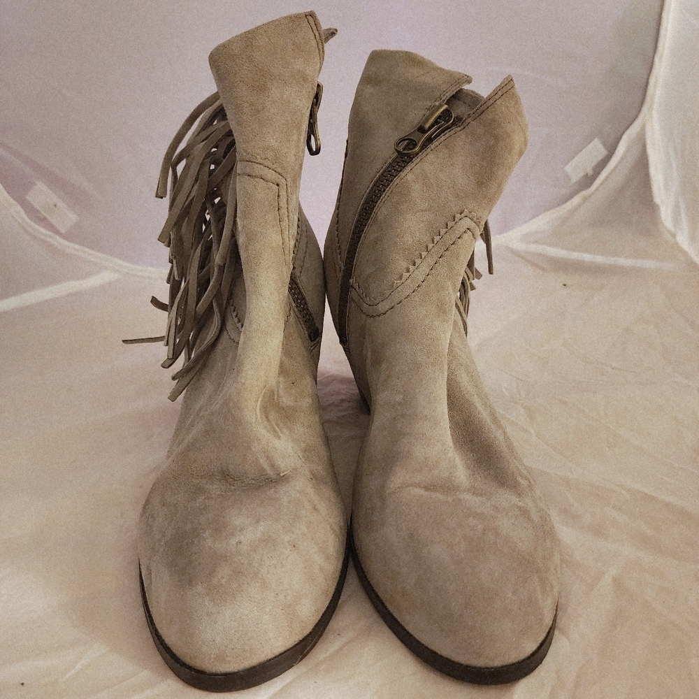 Sam Edelman Louie Grey Suede Fringe Side Zip Boots Ankle Booties Women's 8.5 M